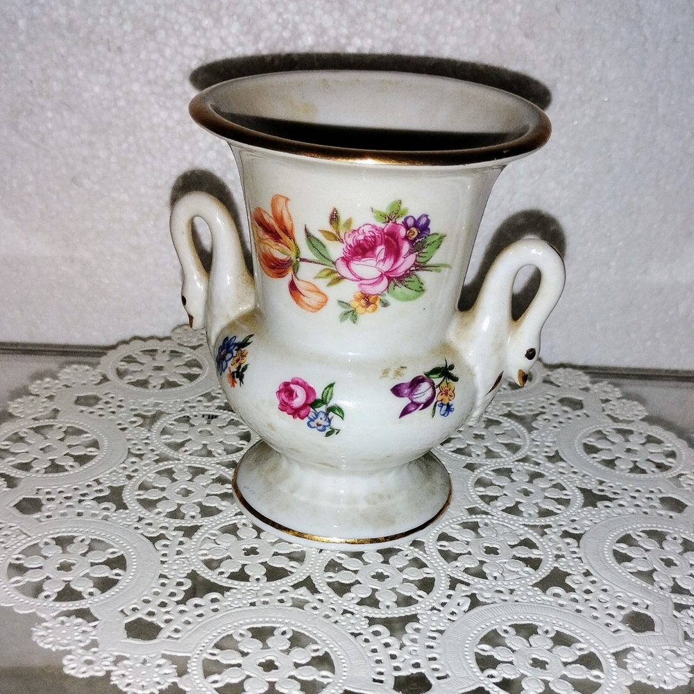 Floral Porcelain Bud Vase with Swan Handles
